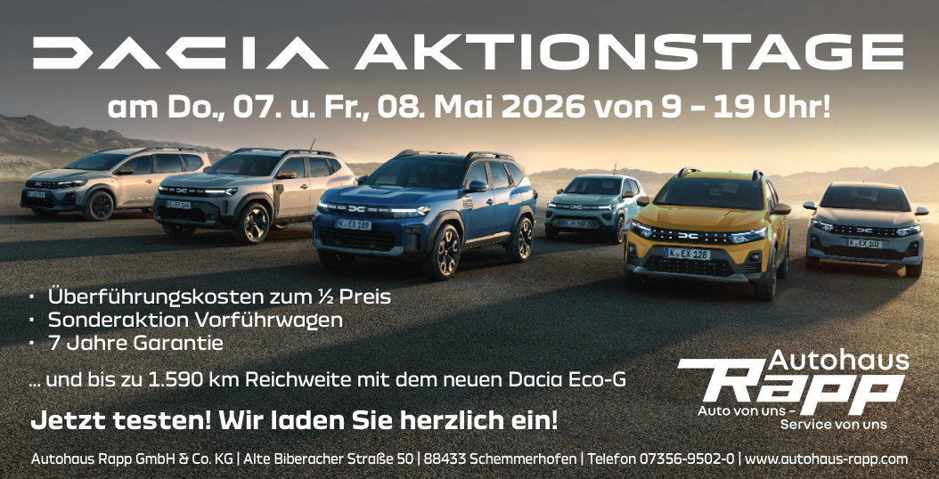 6 Dacia Modelle und der Dacia Aktionstag - Überführungskosten zum halben Preis, Sonderaktion Vorführwagen und 7 Jahre Garantie.