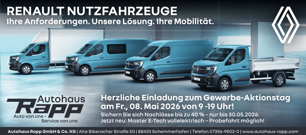 Bild mit 4 Renault Master. Herzliche Einladung zum Gewerbe-Aktionstag am Fr. 08. Mai 2026 von 9-19 Uhr. Nachlässe bis zu 40% - nur bis 30.05.2026. Jetzt neu: Master E-Tech vollelektrisch.