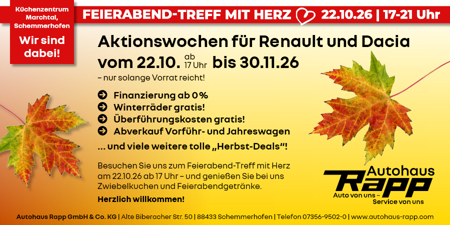 FEIERABEND-TREFF MIT HERZ ( 22.10.26 | 17-21 Uhr Aktionswochen für Renault und Dacia vom 22.10. 17uhr bis 30.11.26